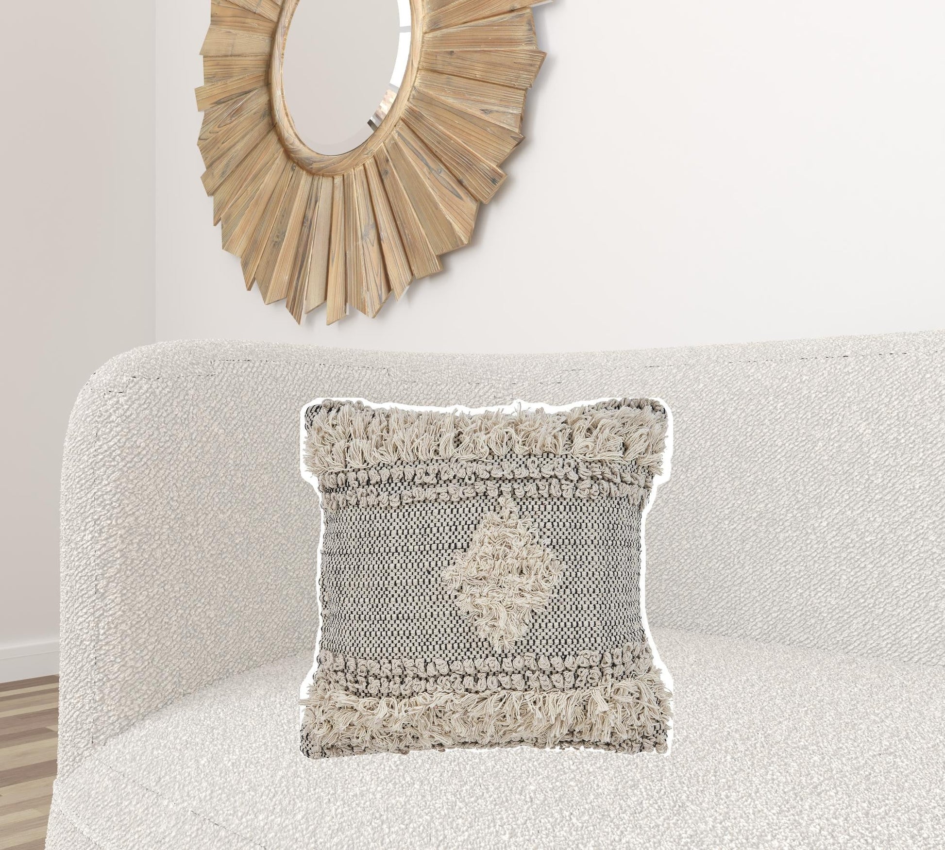 20" X 20" Natural and Black Geometric Cotton Zippered Pillow With Fringe FurniFindUSA