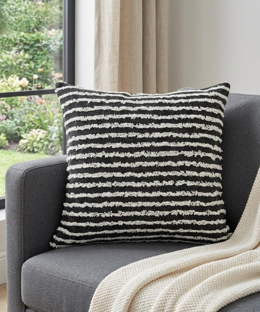 20" X 20" Black And Cream 100% Cotton Striped Zippered Pillow