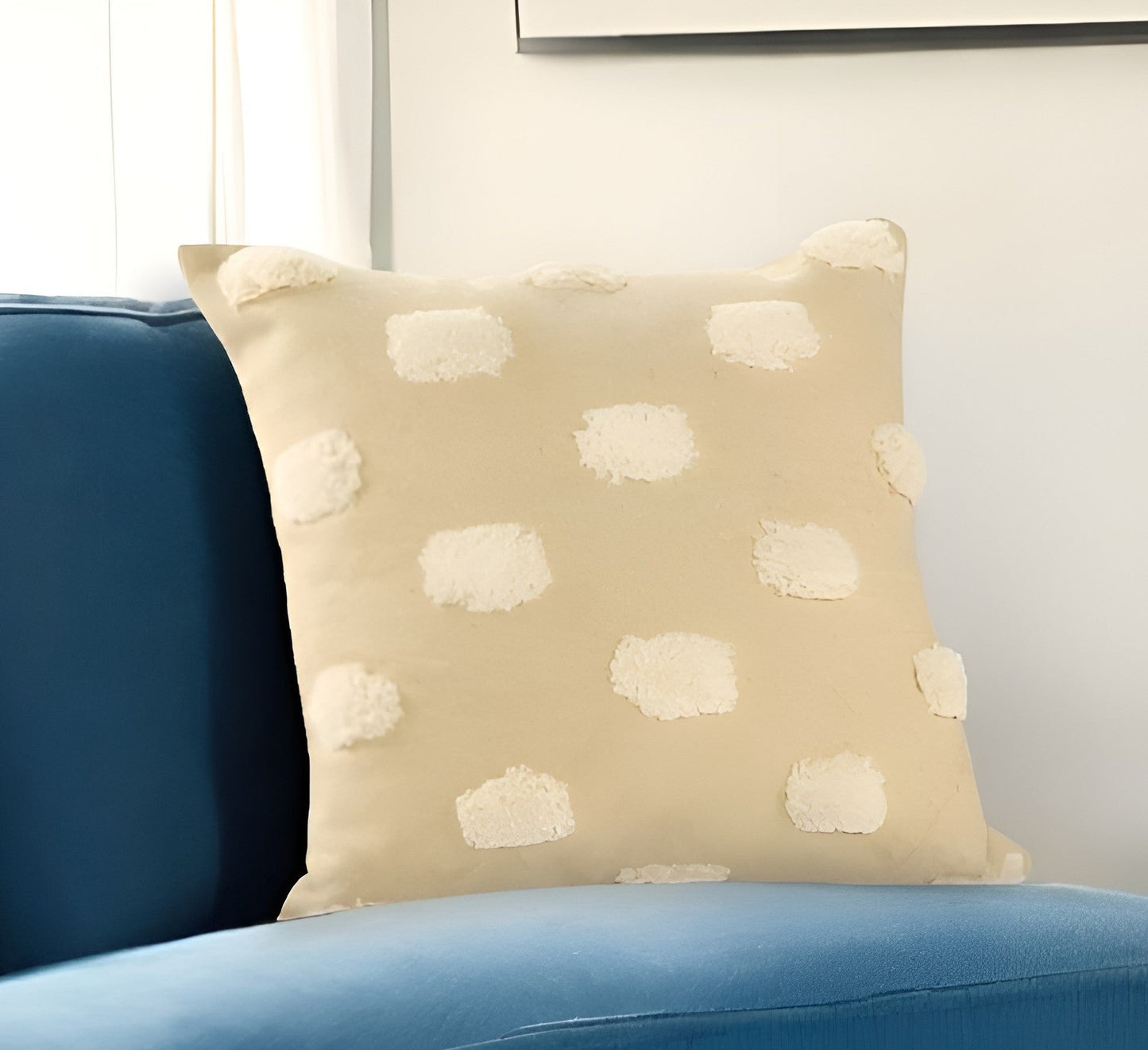 20" Natural and Ivory Polka Dot Cotton Throw Pillow With Pompoms and Texture FurniFindUSA