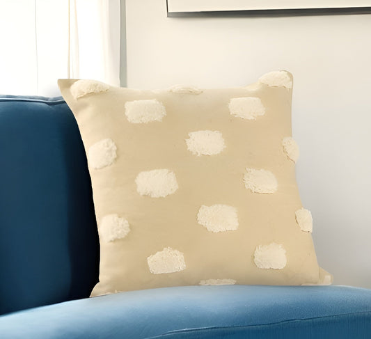 20" Natural and Ivory Polka Dot Cotton Throw Pillow With Pompoms and Texture FurniFindUSA