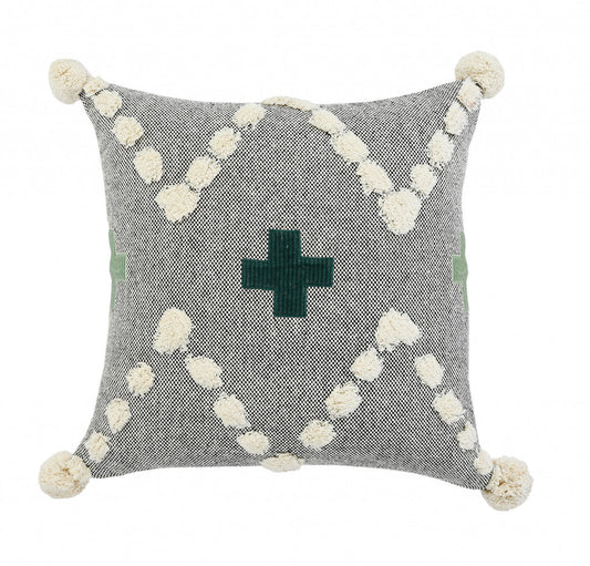 20" X 20" Black Off-White And Green 100% Cotton Geometric Zippered Pillow FurniFindUSA