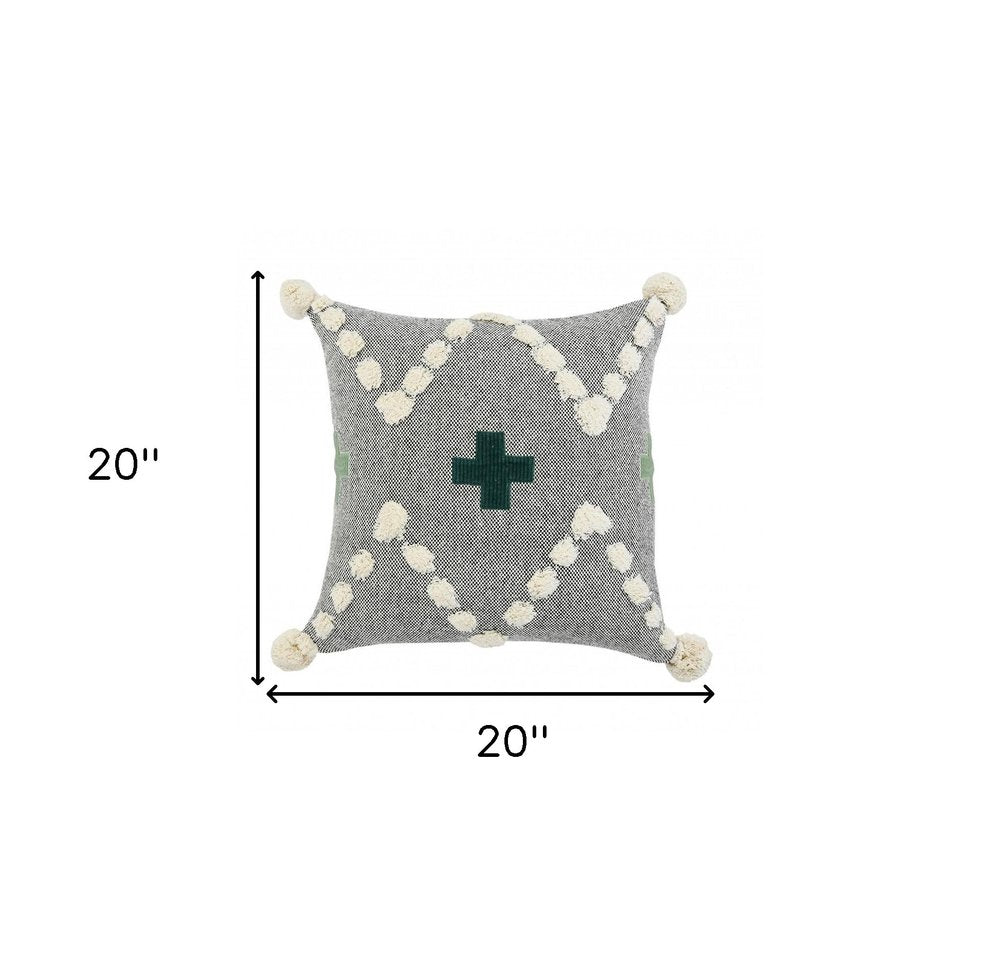 20" X 20" Black Off-White And Green 100% Cotton Geometric Zippered Pillow HomeRoots