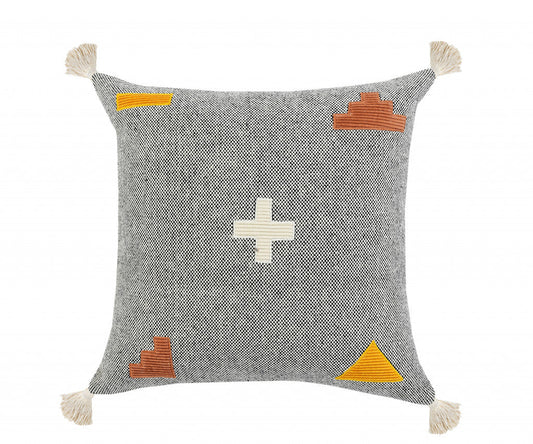 20" X 20" Black Off-White Yellow And Orange 100% Cotton Geometric Zippered Pillow FurniFindUSA