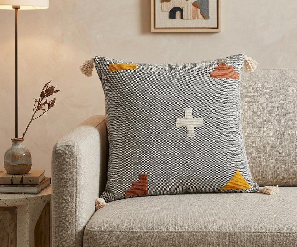 20" X 20" Black Off-White Yellow And Orange 100% Cotton Geometric Zippered Pillow HomeRoots