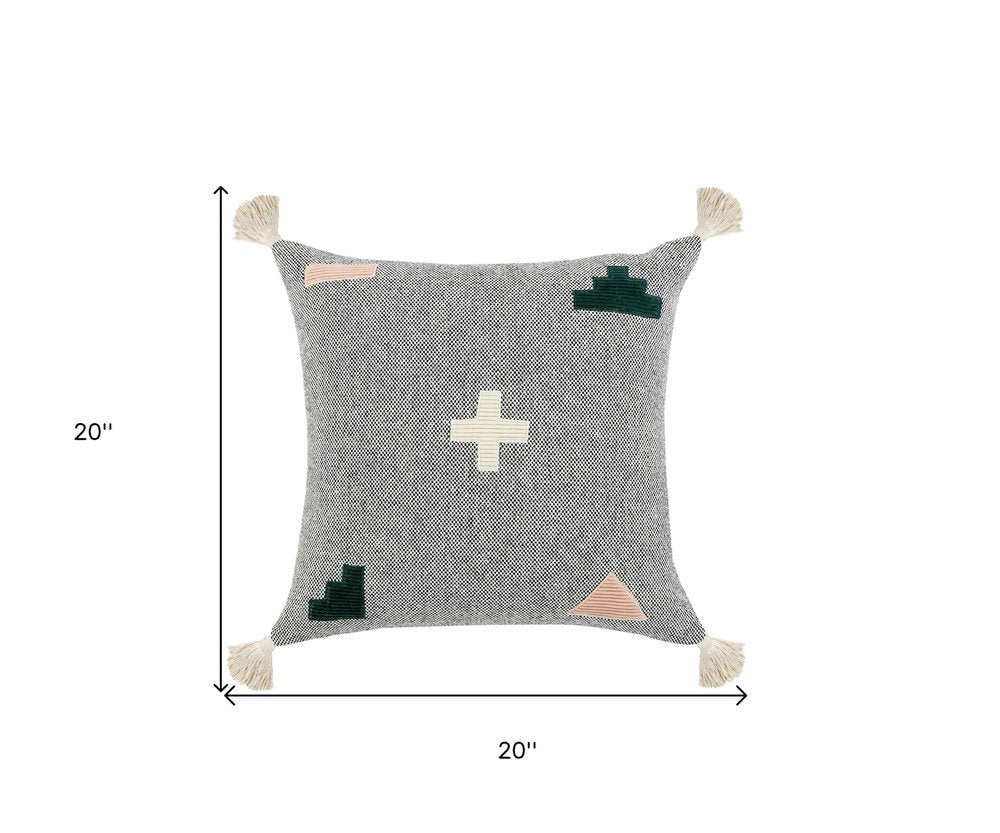 20" X 20" Black Off-White Pink And Green 100% Cotton Geometric Zippered Pillow HomeRoots