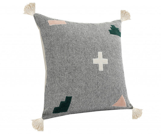 20" X 20" Black Off-White Pink And Green 100% Cotton Geometric Zippered Pillow FurniFindUSA