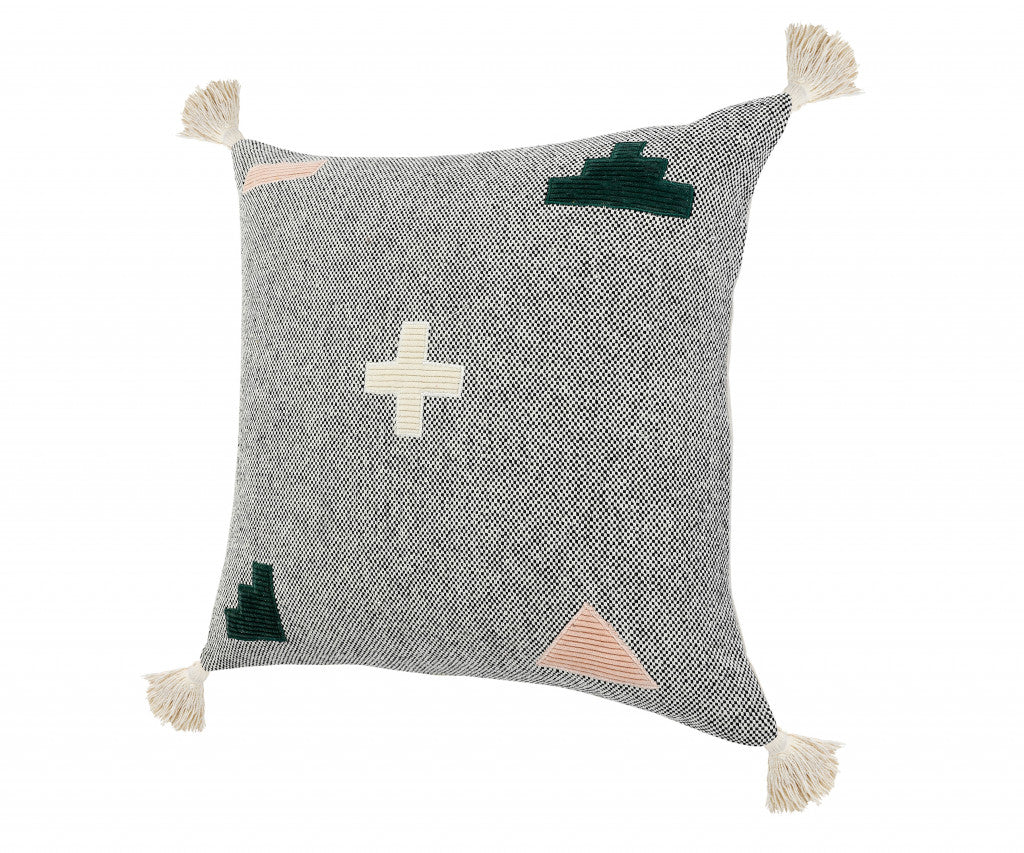 20" X 20" Black Off-White Pink And Green 100% Cotton Geometric Zippered Pillow FurniFindUSA