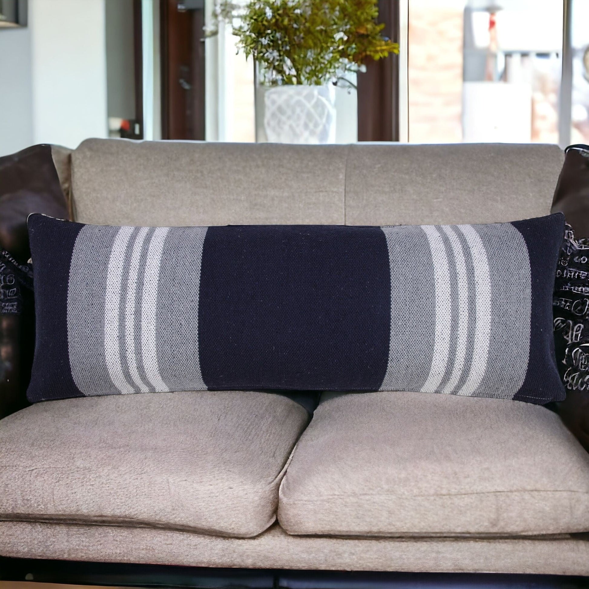 14" X 36" Navy Gray And White 100% Cotton Coastal Zippered Pillow FurniFindUSA