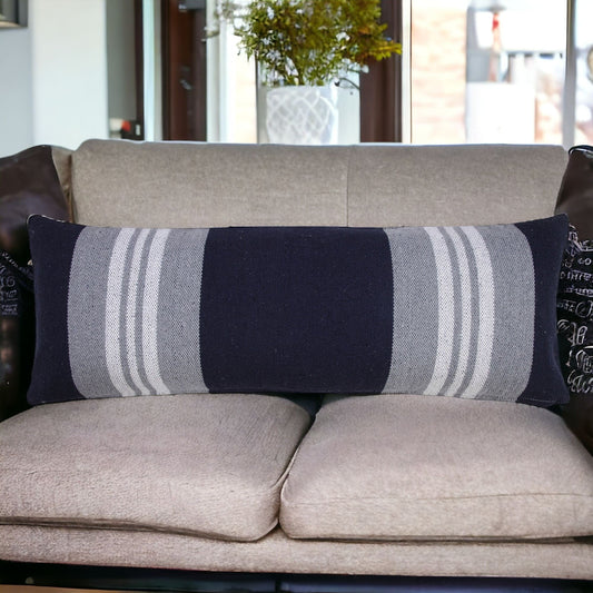 14" X 36" Navy Gray And White 100% Cotton Coastal Zippered Pillow FurniFindUSA