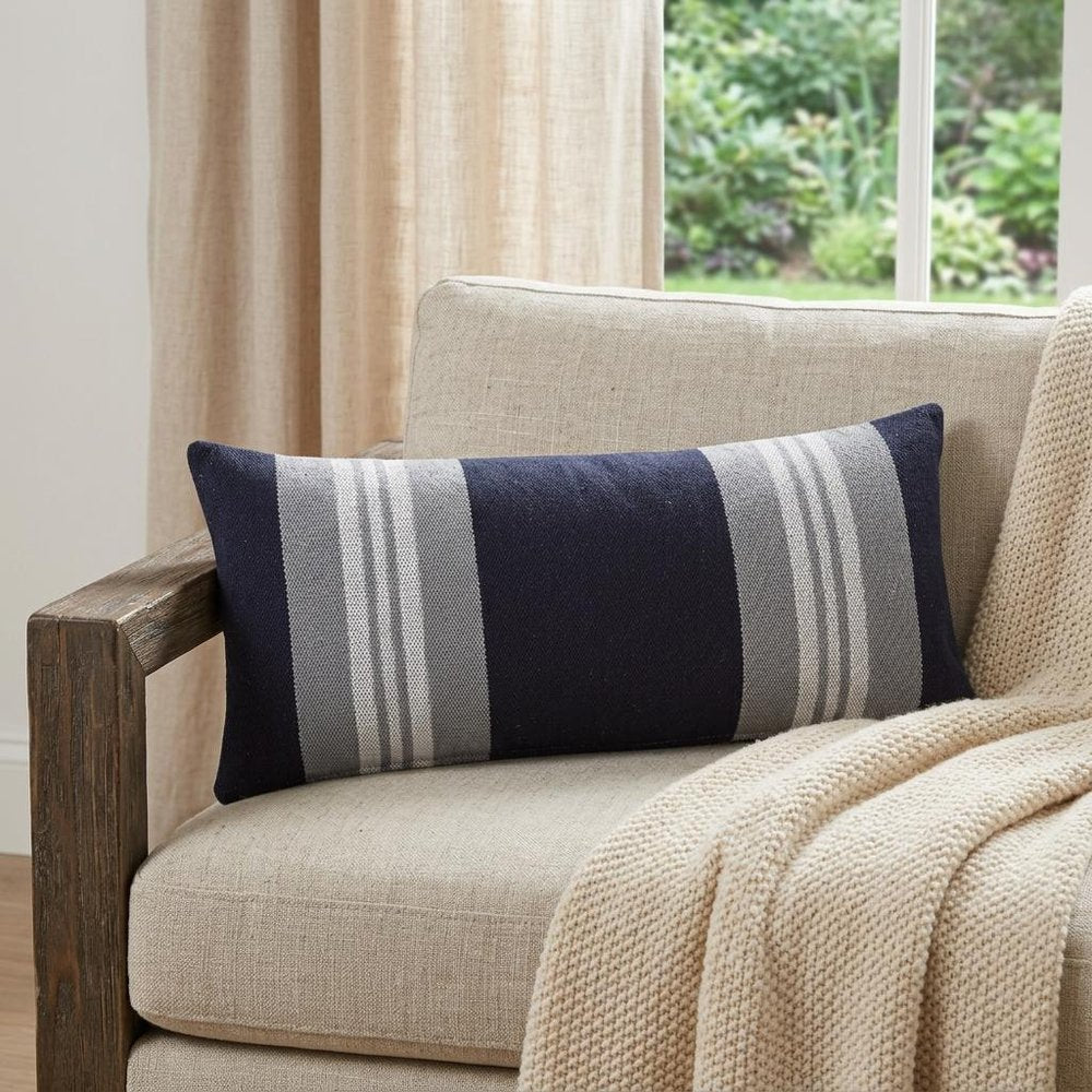 14" X 36" Navy Gray And White 100% Cotton Coastal Zippered Pillow HomeRoots