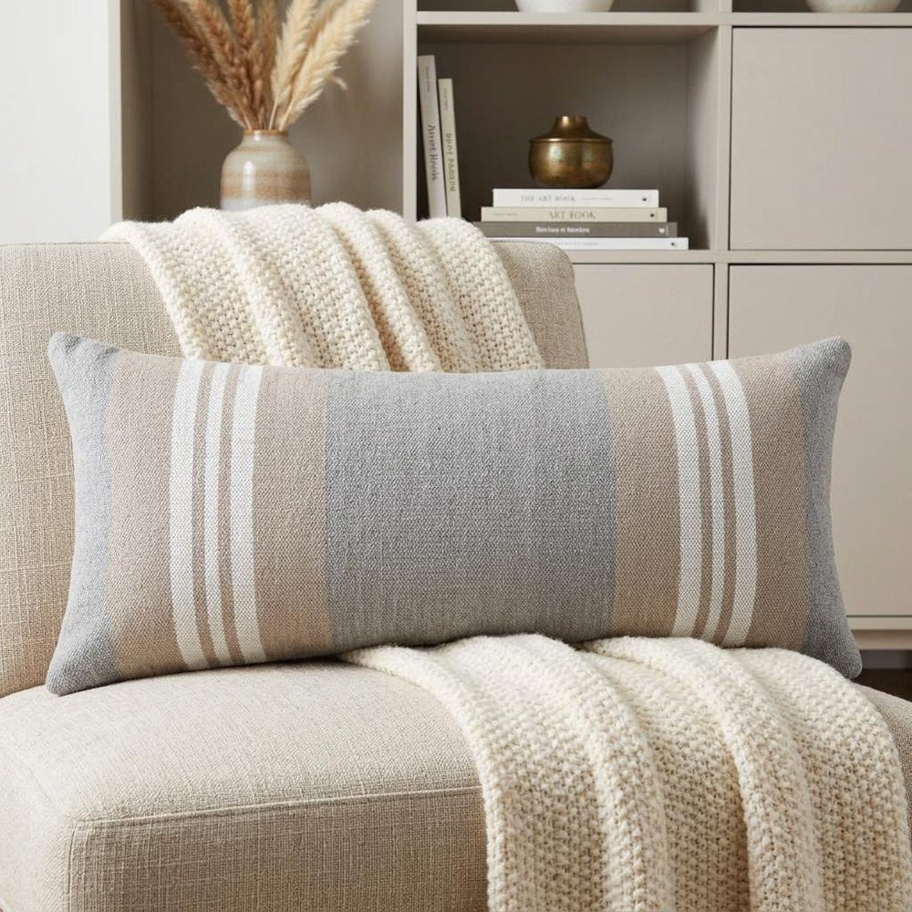 14" X 36" Beige and Gray Lumbar Throw Pillow — view 8