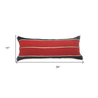 14" X 36" Red Navy And Tan 100% Cotton Striped Zippered Pillow HomeRoots