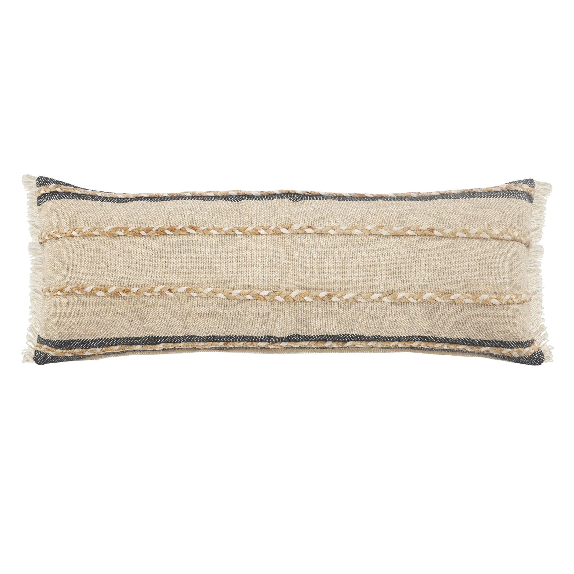 14" X 36" Black Tan And Taupe Jute Striped Zippered Pillow FurniFindUSA