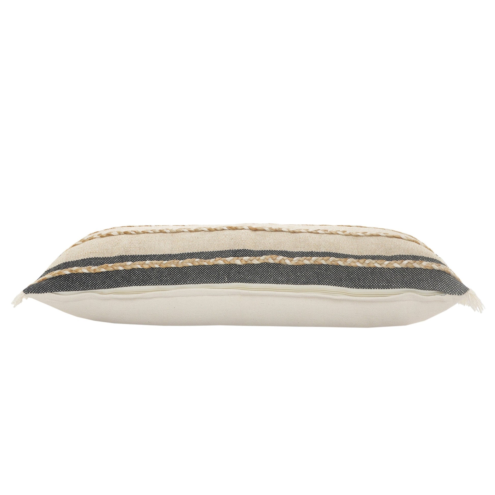 14" X 36" Black Tan And Taupe Jute Striped Zippered Pillow FurniFindUSA