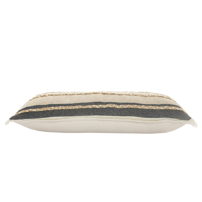 14" X 36" Black Tan And Taupe Jute Striped Zippered Pillow FurniFindUSA