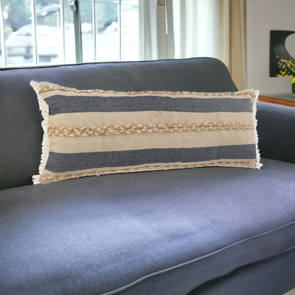 14" X 36" Denim Tan And Taupe Jute Coastal Zippered Pillow FurniFindUSA