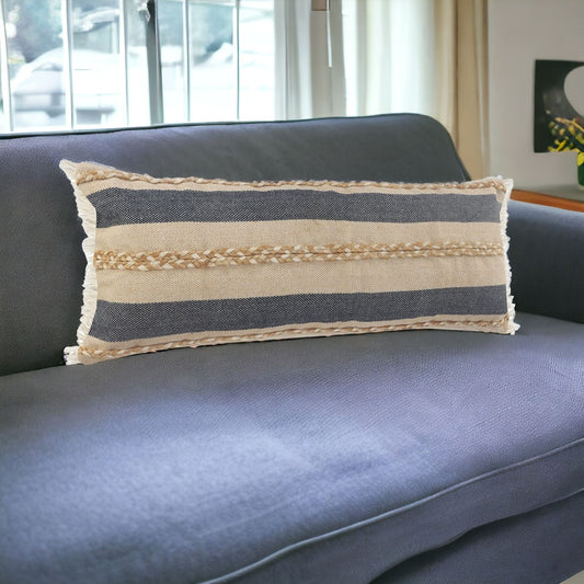 14" X 36" Denim Tan And Taupe Jute Coastal Zippered Pillow FurniFindUSA