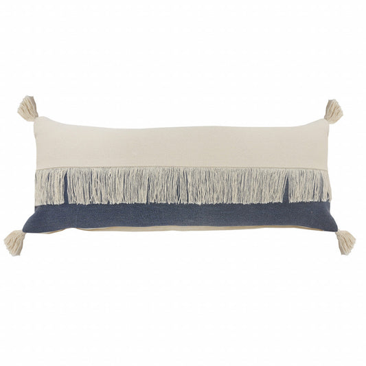 14" X 36" Denim Blue And Off-White 100% Cotton Zippered Pillow FurniFindUSA