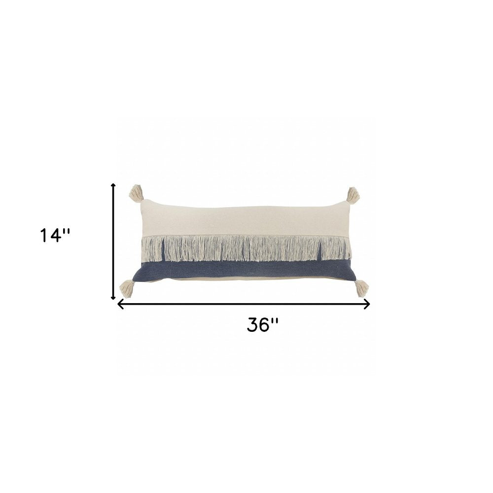 14" X 36" Denim Blue And Off-White 100% Cotton Zippered Pillow HomeRoots