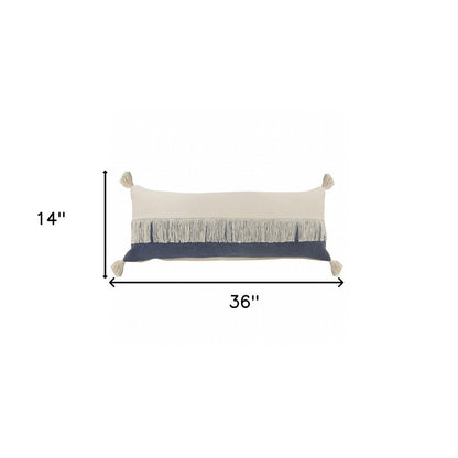 14" X 36" Denim Blue And Off-White 100% Cotton Zippered Pillow HomeRoots