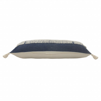 14" X 36" Denim Blue And Off-White 100% Cotton Zippered Pillow FurniFindUSA