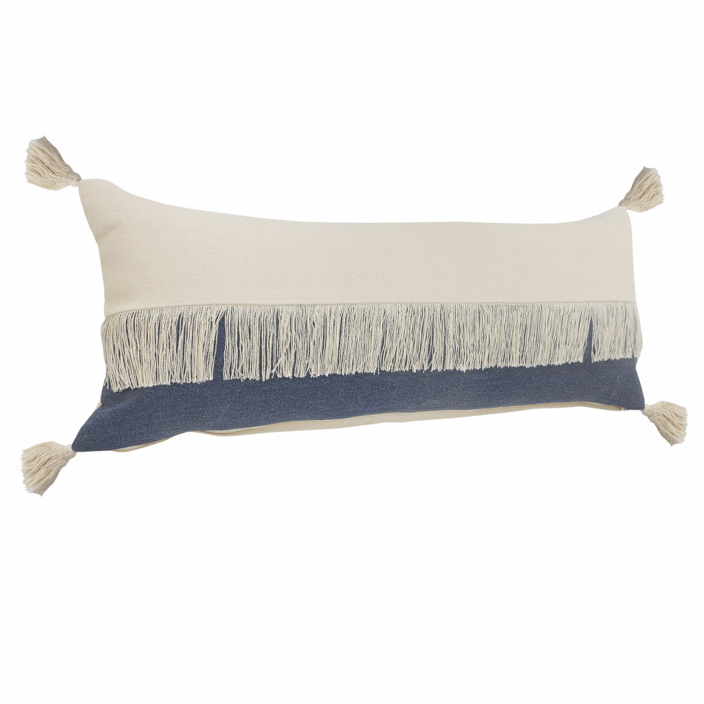 14" X 36" Denim Blue And Off-White 100% Cotton Zippered Pillow FurniFindUSA