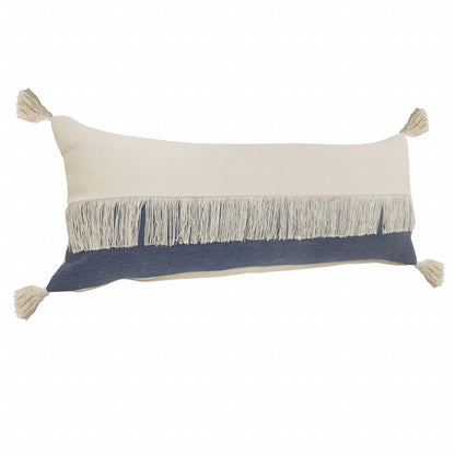 14" X 36" Denim Blue And Off-White 100% Cotton Zippered Pillow FurniFindUSA