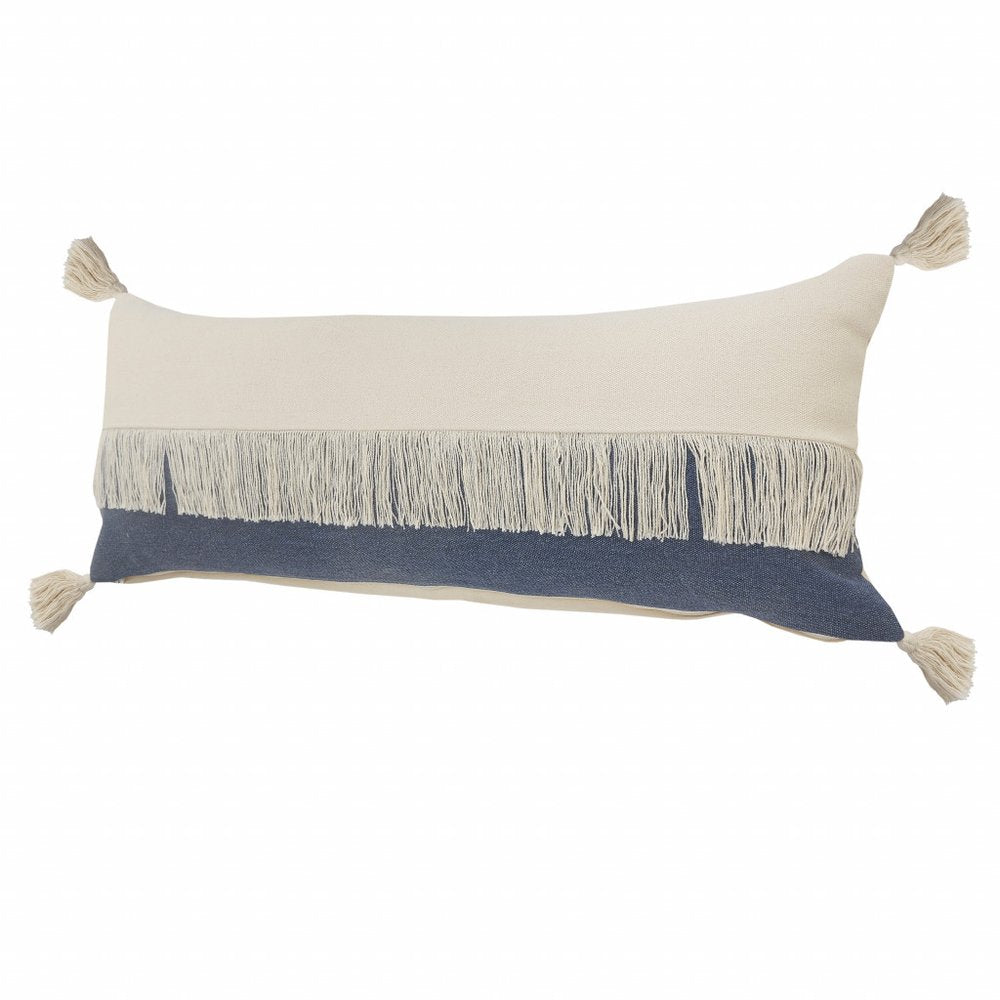 14" X 36" Denim Blue And Off-White 100% Cotton Zippered Pillow HomeRoots