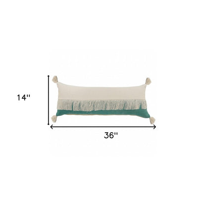 14" X 36" Emerald Green And Off-White 100% Cotton Zippered Pillow HomeRoots