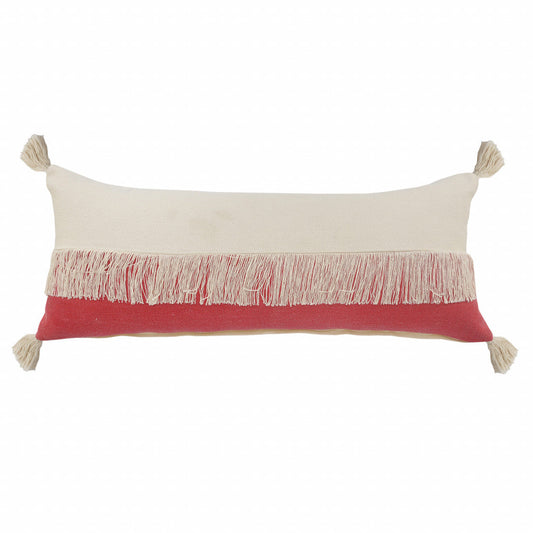 14" X 36" Raspberry Red And Off-White 100% Cotton Zippered Pillow FurniFindUSA