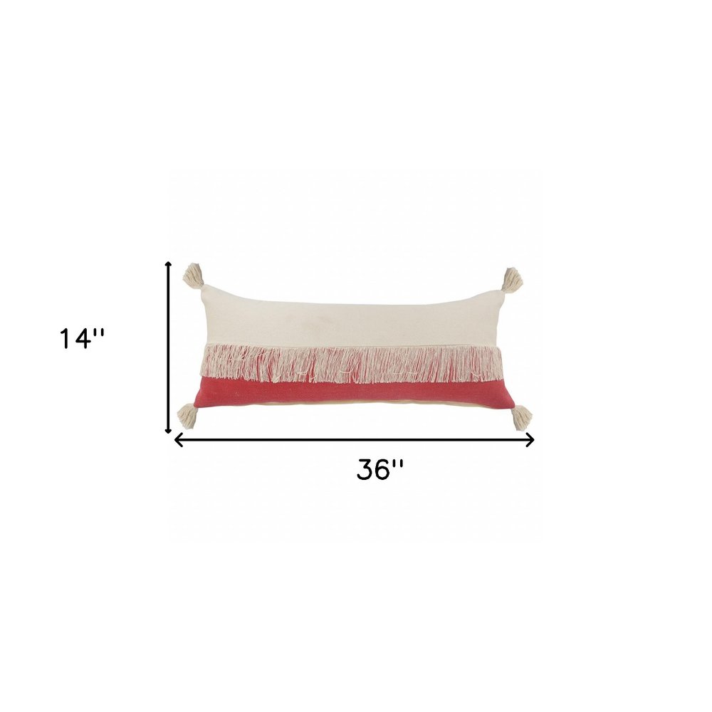 14" X 36" Raspberry Red And Off-White 100% Cotton Zippered Pillow HomeRoots