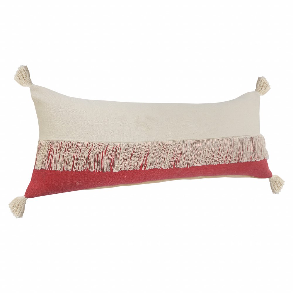 14" X 36" Raspberry Red And Off-White 100% Cotton Zippered Pillow HomeRoots