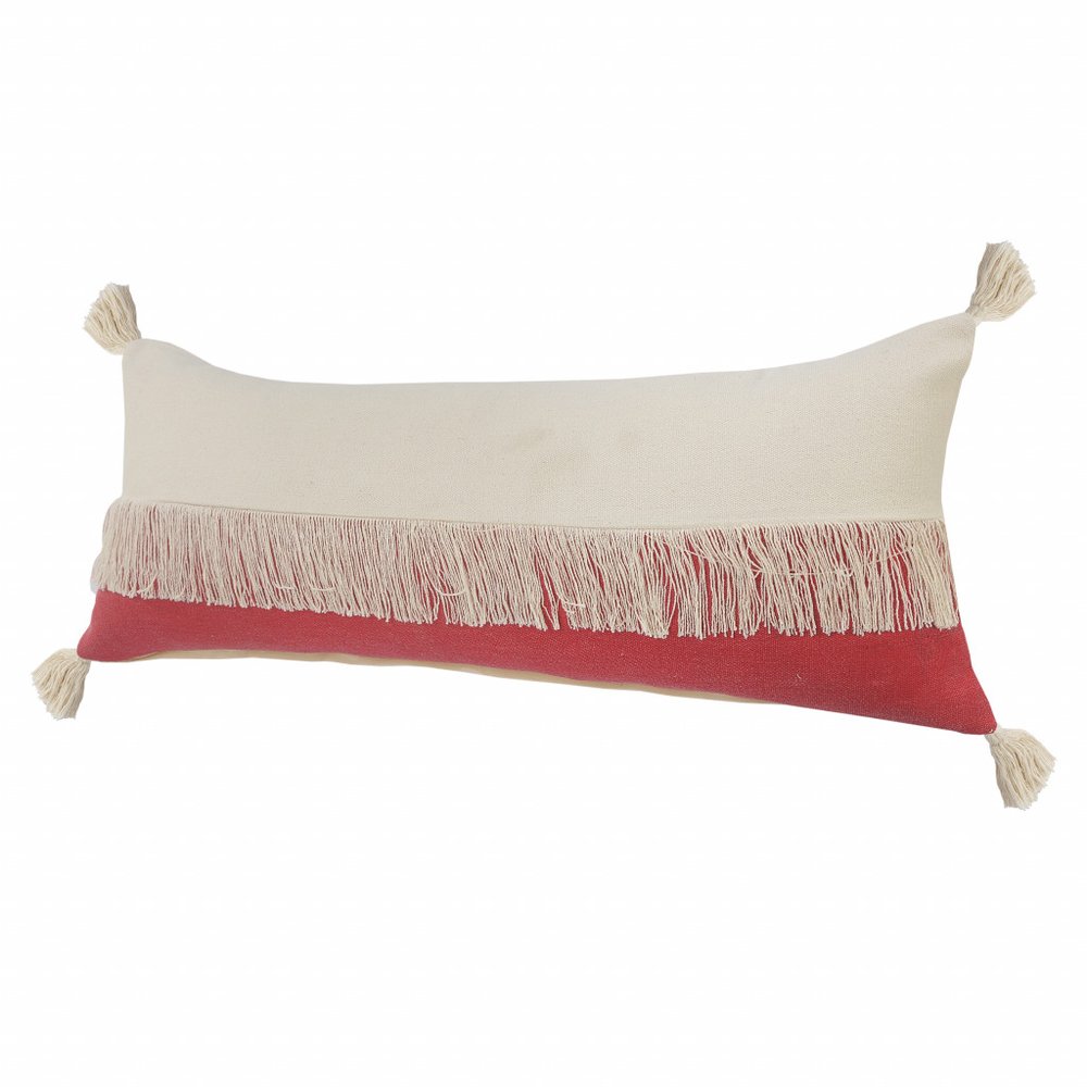 14" X 36" Raspberry Red And Off-White 100% Cotton Zippered Pillow HomeRoots