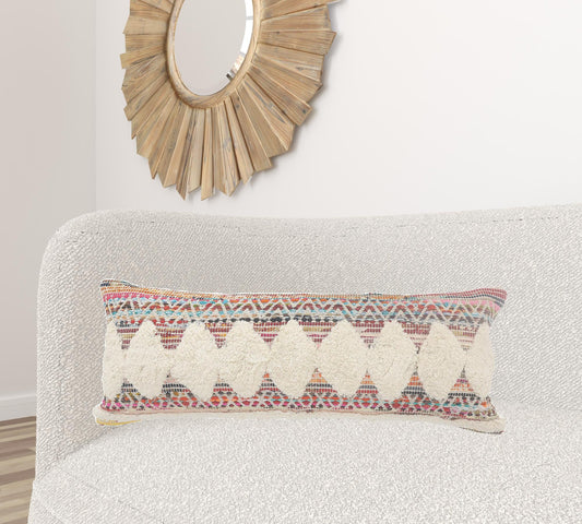 14" X 36" Off-White Red Blue Orange And Green 100% Cotton Striped Zippered Pillow 7.5" (L) x 36.0" (W) x 14.0" (H) FurniFindUSA