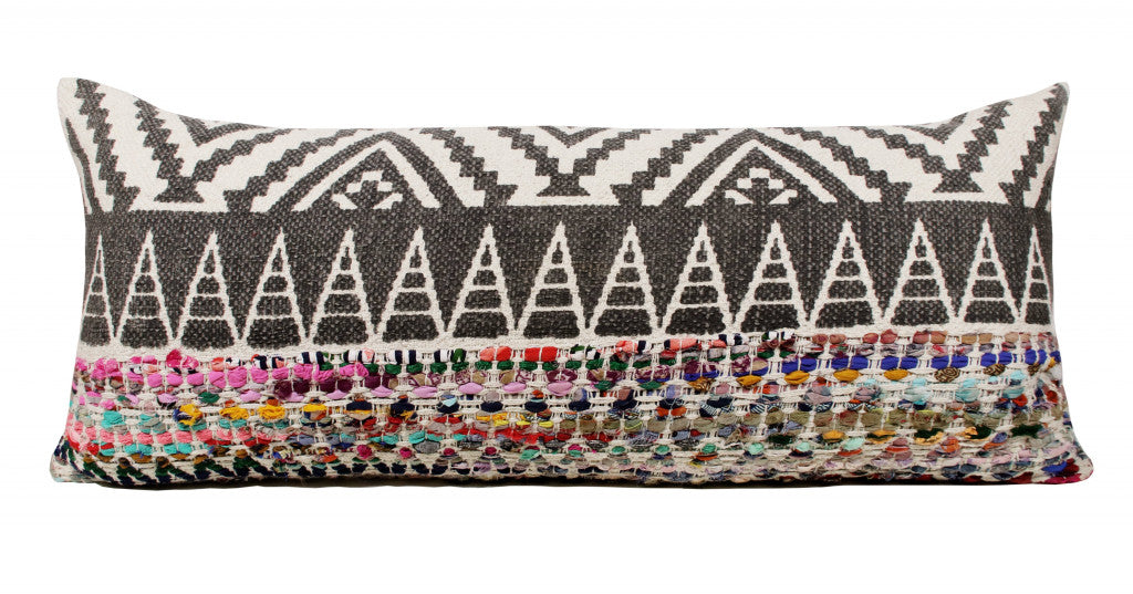 14" X 36" Off-White Black Red Blue Orange And Green 100% Cotton Geometric Zippered Pillow FurniFindUSA