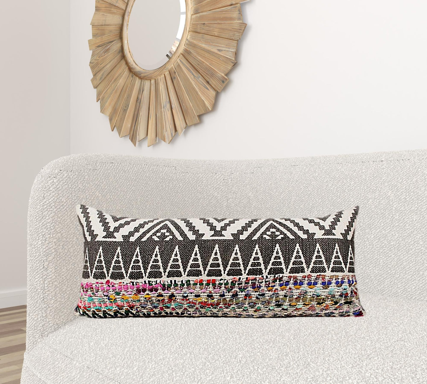 14" X 36" Off-White Black Red Blue Orange And Green 100% Cotton Geometric Zippered Pillow FurniFindUSA