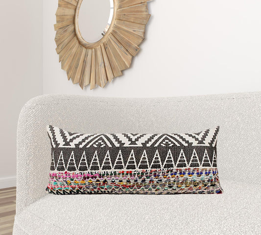 14" X 36" Off-White Black Red Blue Orange And Green 100% Cotton Geometric Zippered Pillow FurniFindUSA