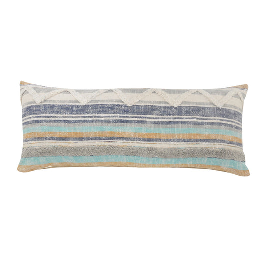 14" X 36" Orange Turquoise Gray Blue And White 100% Cotton Striped Zippered Pillow FurniFindUSA