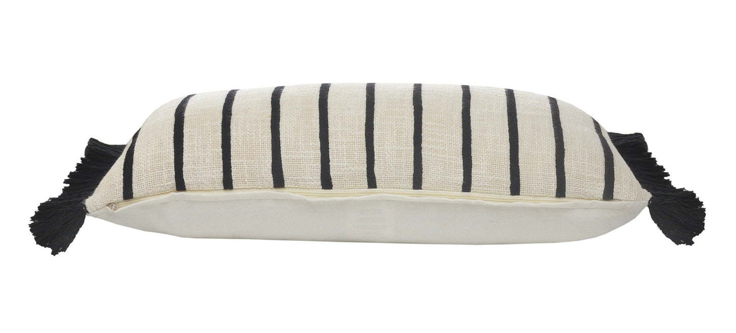 12" X 28" Ivory And Black 100% Cotton Striped Zippered Pillow FurniFindUSA