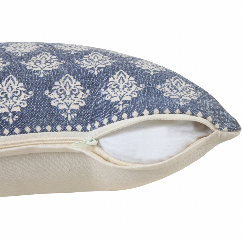 14" X 36" Vintage Indigo Blue And White 100% Cotton Geometric Zippered Pillow FurniFindUSA