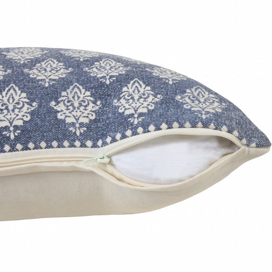 14" X 36" Vintage Indigo Blue And White 100% Cotton Geometric Zippered Pillow FurniFindUSA