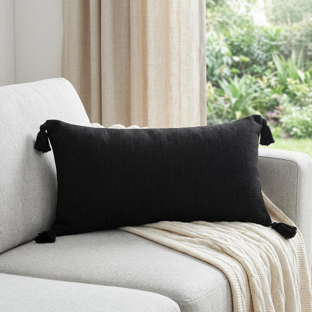 14" X 36" Black Cotton Throw Pillow with Tassels HomeRoots