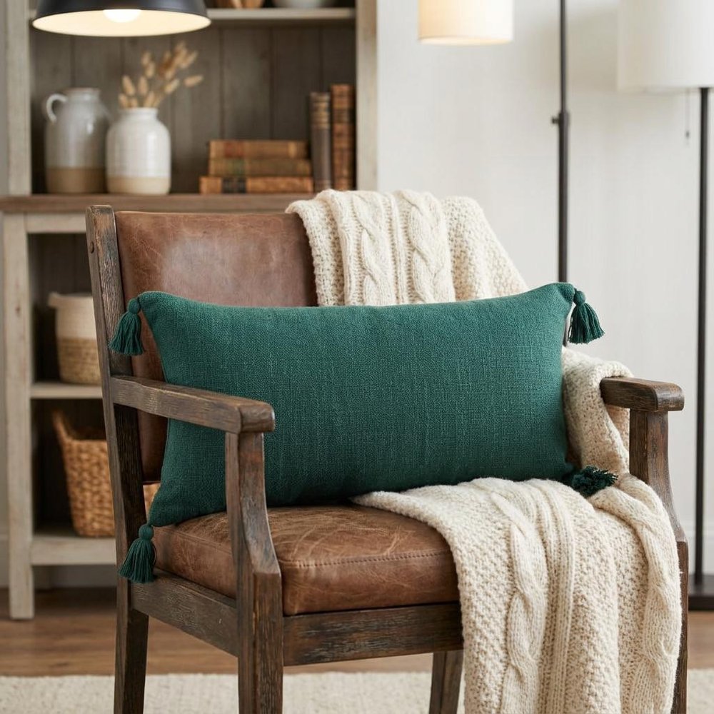 14" X 36" Emerald Cotton Throw Pillow with Tassels — view 1