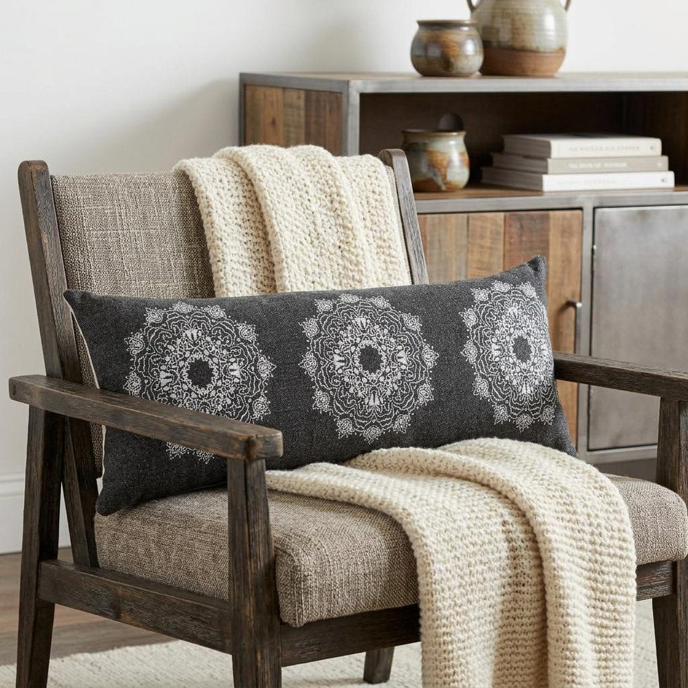 14" X 36" Black And White Cotton Medallion Throw Pillow HomeRoots