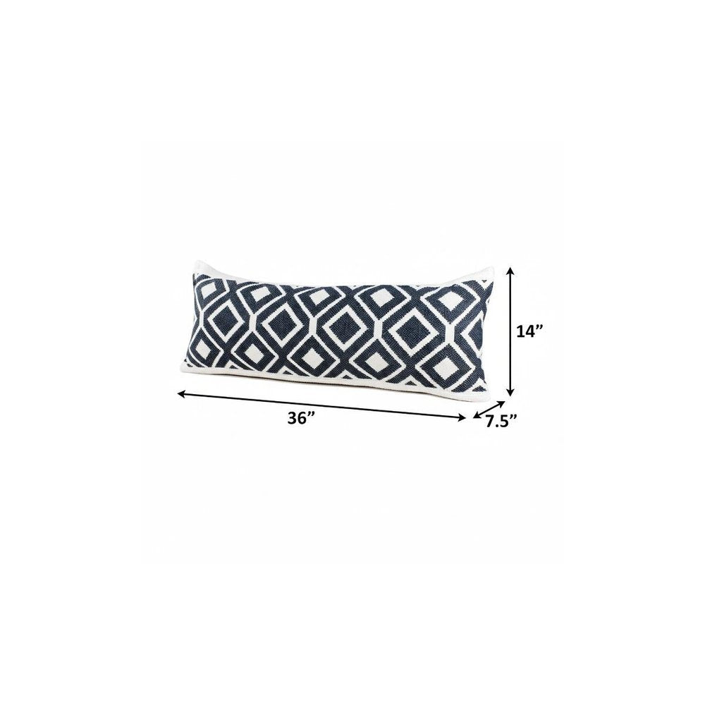 14" X 36" Deep Navy And White 100% Cotton Geometric Zippered Pillow HomeRoots