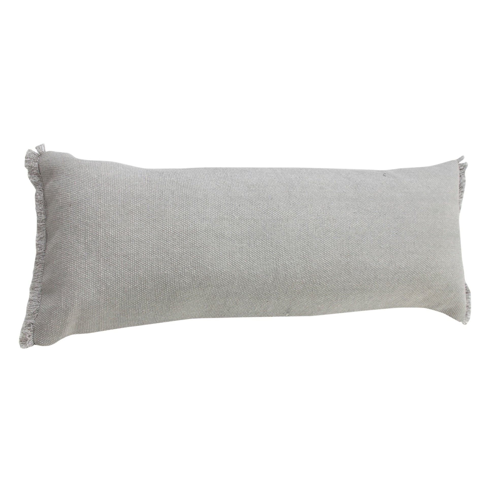 14" X 36" Light Gray Stonewashed Cotton Throw Pillow With Fringe FurniFindUSA