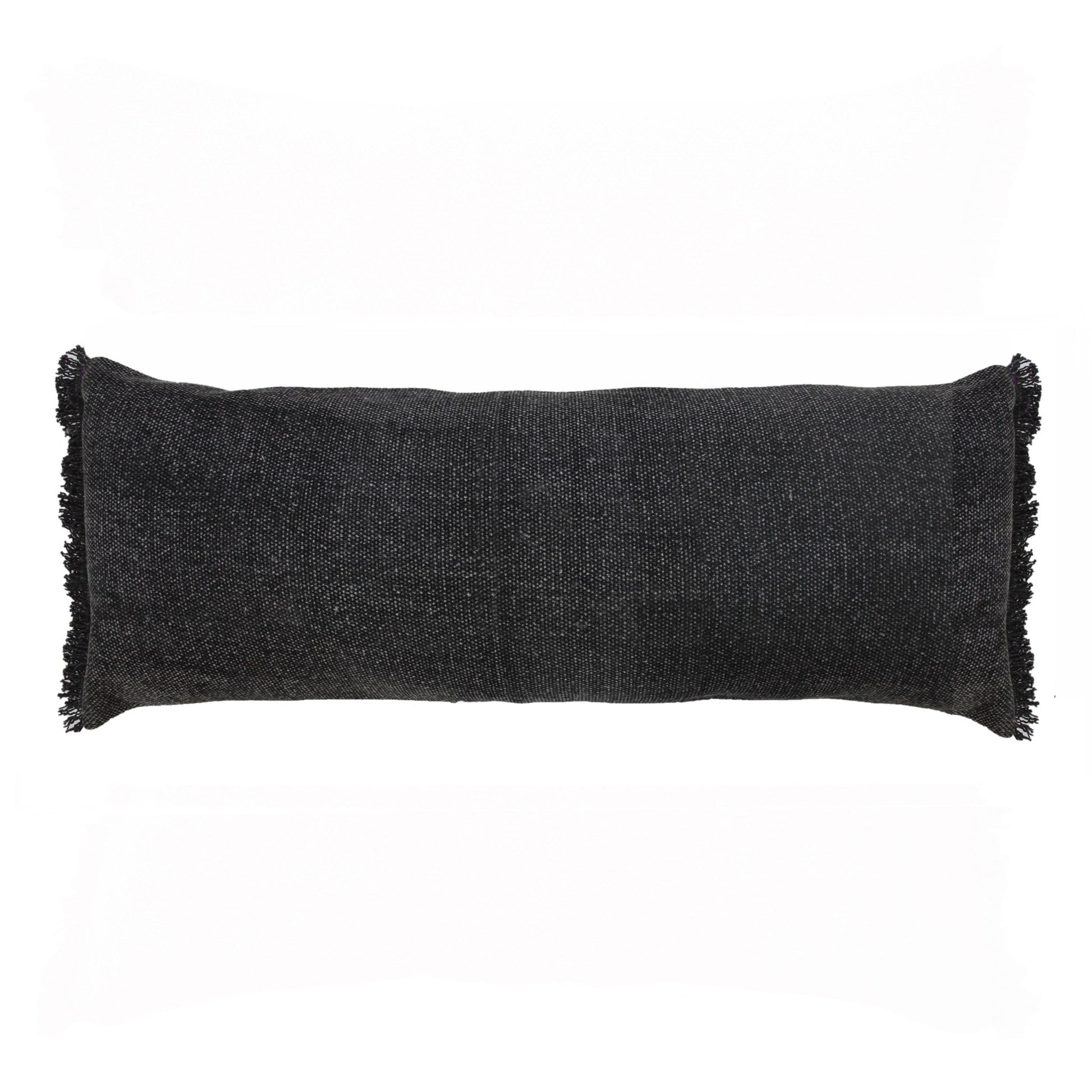 14" X 36" Black Stonewashed Cotton Throw Pillow With Fringe FurniFindUSA