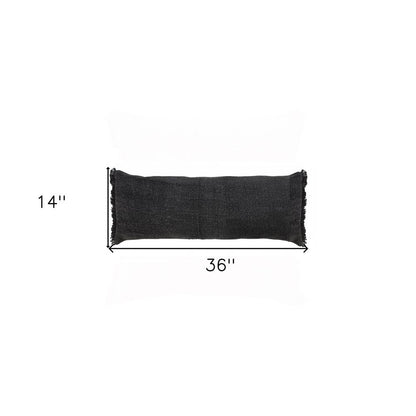 14" X 36" Black Stonewashed Cotton Throw Pillow With Fringe