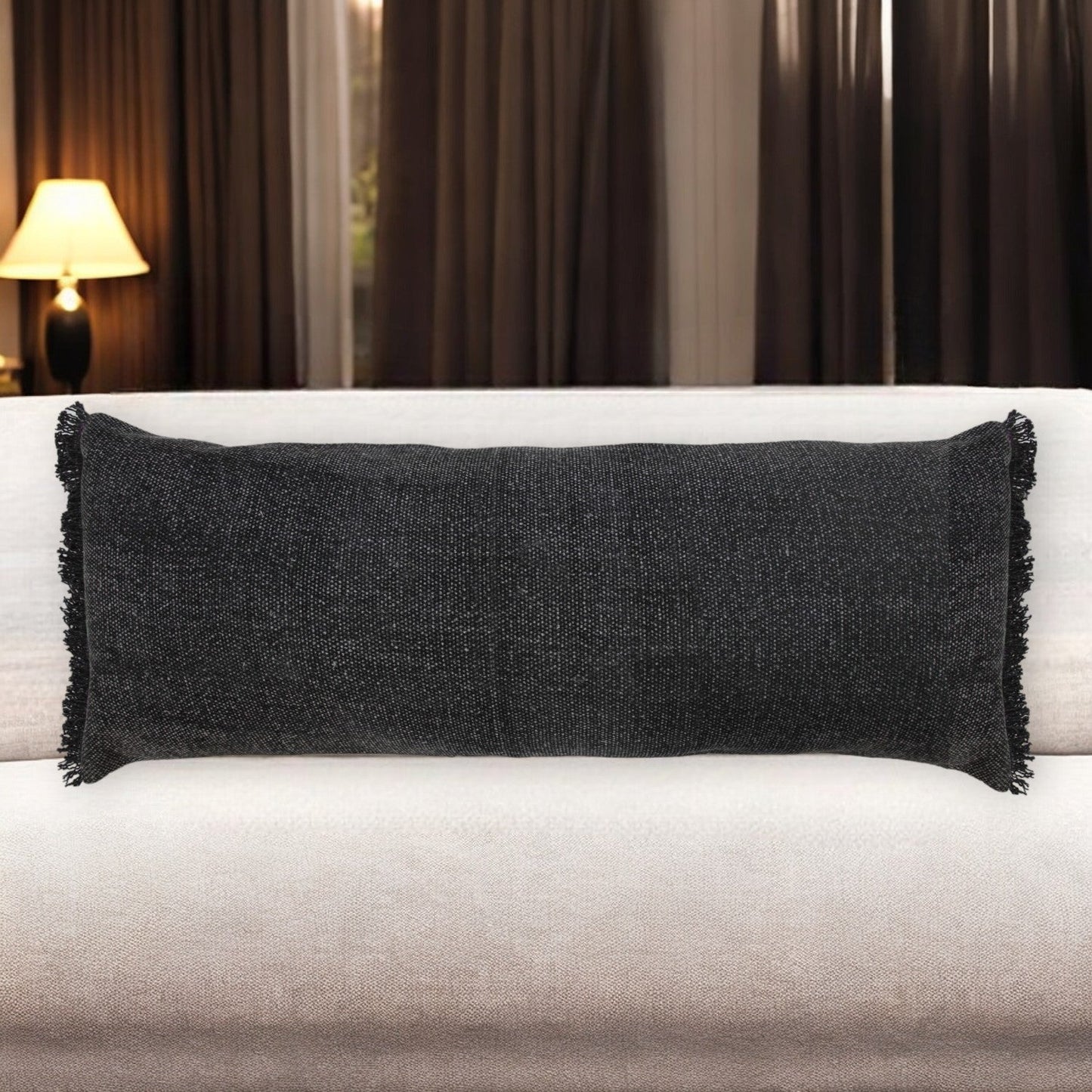 14" X 36" Black Stonewashed Cotton Throw Pillow With Fringe FurniFindUSA