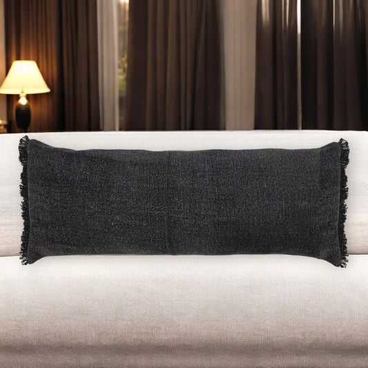 14" X 36" Black Stonewashed Cotton Throw Pillow With Fringe FurniFindUSA